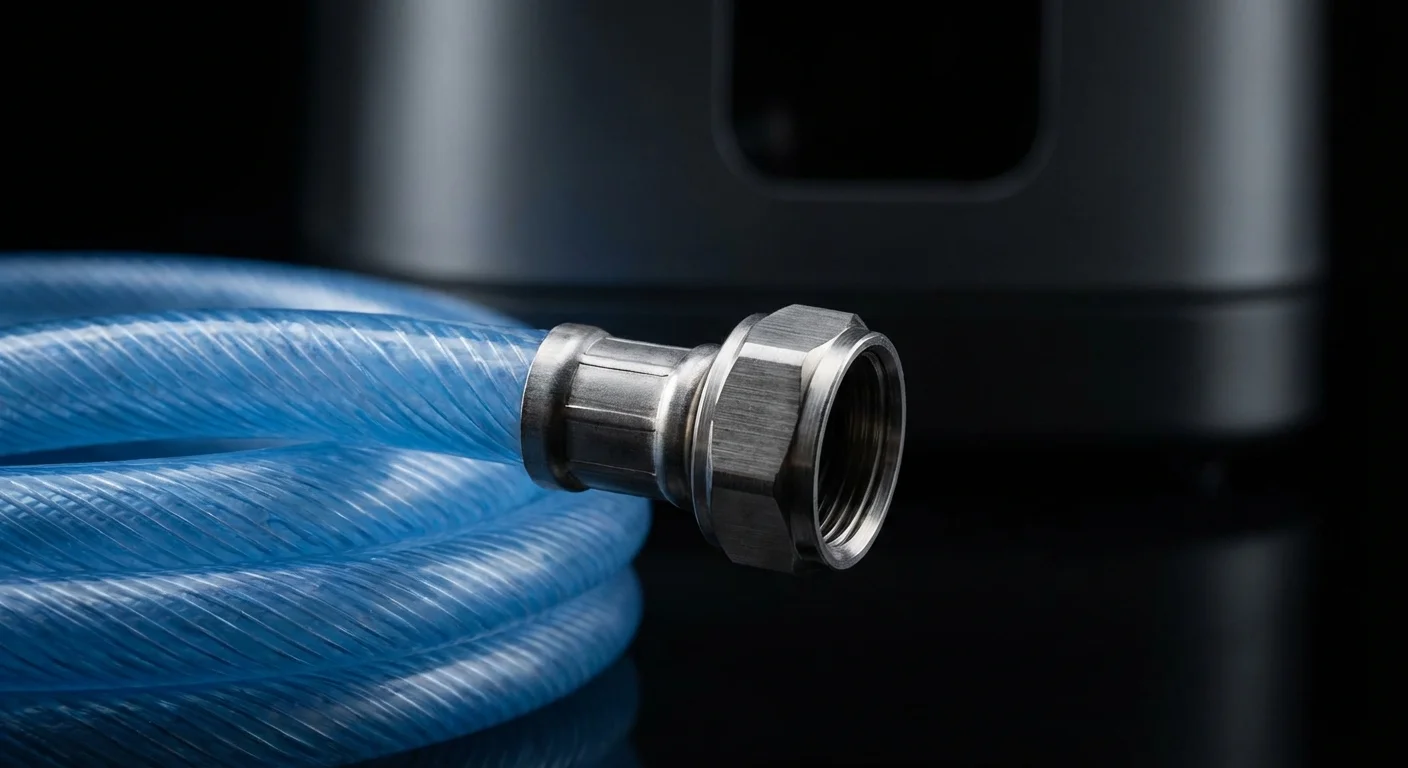 Comment changer le tuyau de porte du frigo américain LG Gros plan sur un tuyau d'eau et son connecteur de frigo.