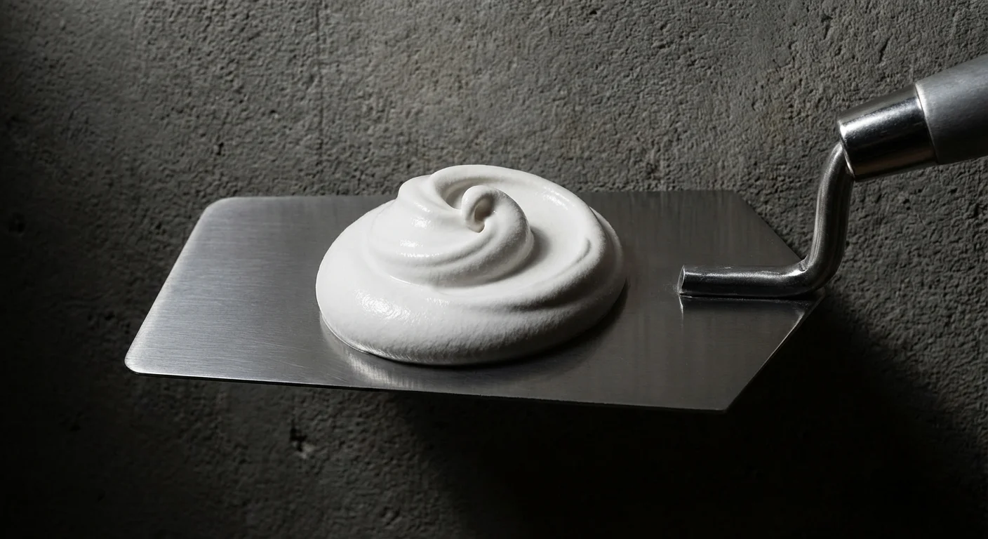 Appliquer du plâtre sur du ciment en intérieur Truelle en acier chargée de plâtre sur fond de ciment gris